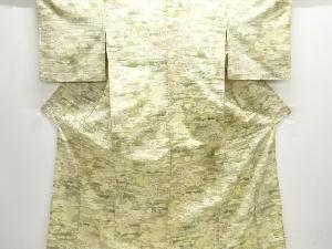 アンティーク　霞に草花模様織り出し手織り紬単衣着物